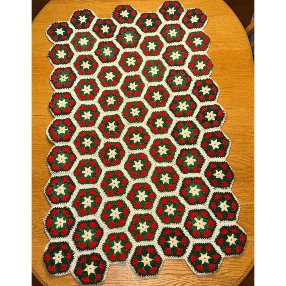 Vintage Christmas Granny Hexagons Crochet Afghan Sofa Lap Throw Blanket 48x30” - Picture 2 of 3